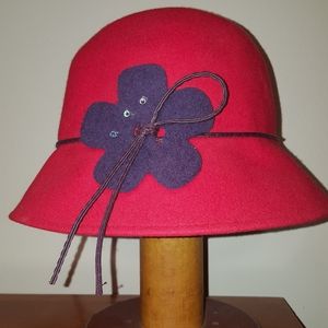 Red wool bucket hat, purple felt flower
